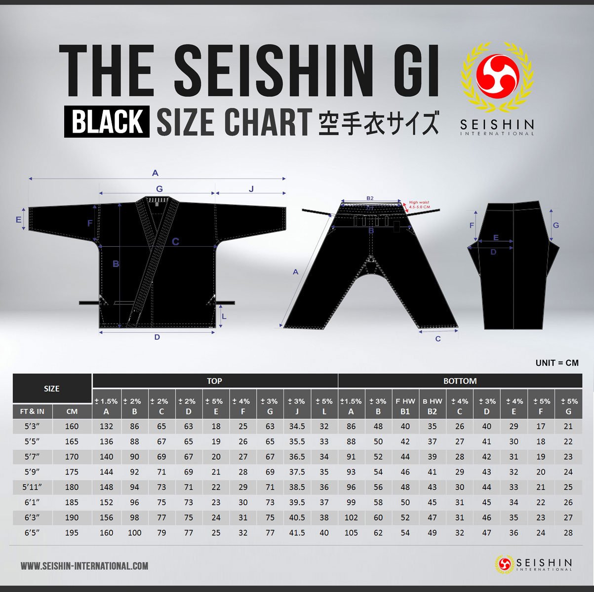 Seishin Gi Mens Size Chart Black